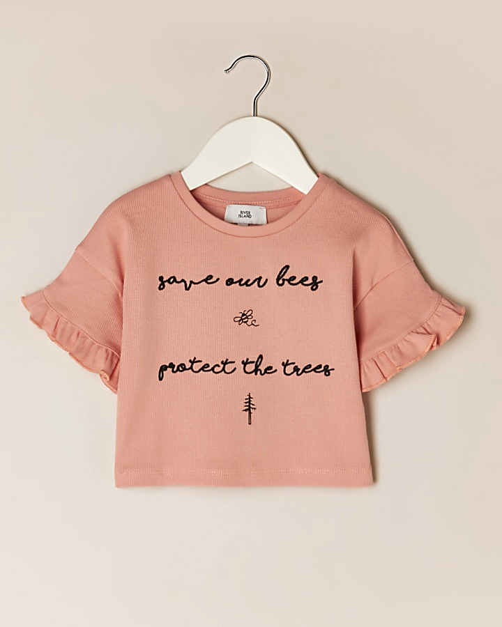 Mini girls pink 'Save bees' frill t-shirt