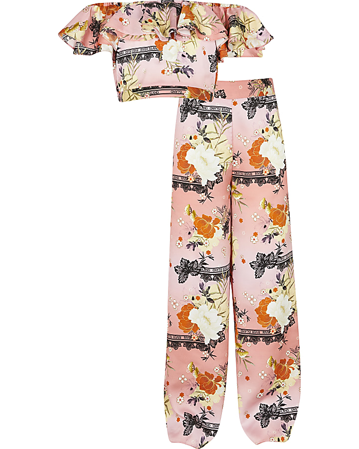 Girls pink floral crop and trouser outfit