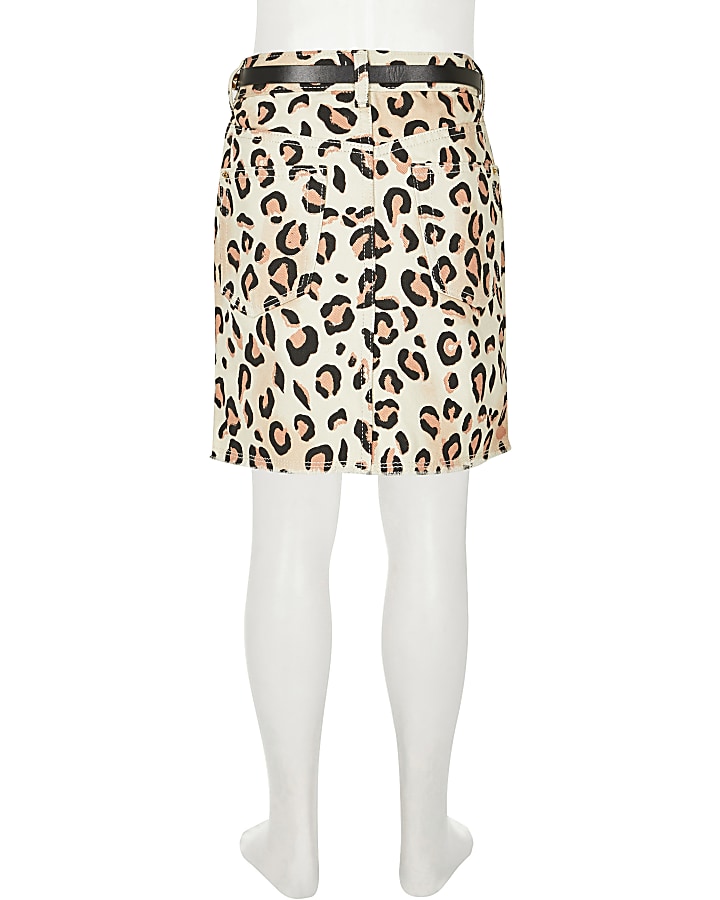 Girls white leopard print belted denim skirt