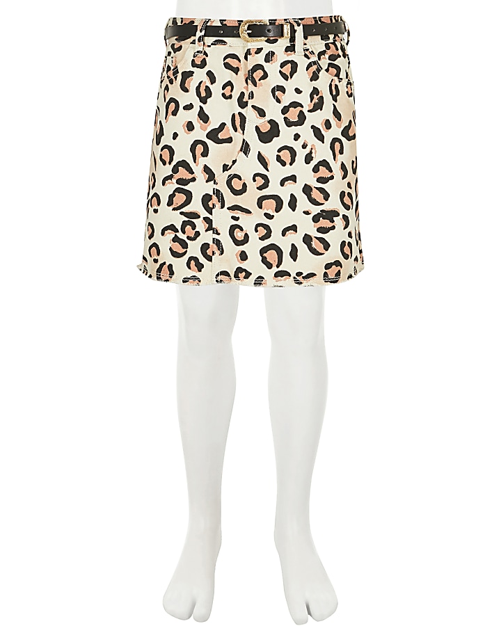 Girls white leopard print belted denim skirt