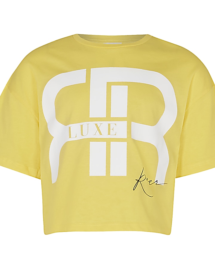 Girls yellow 'RR' slogan crop t-shirt
