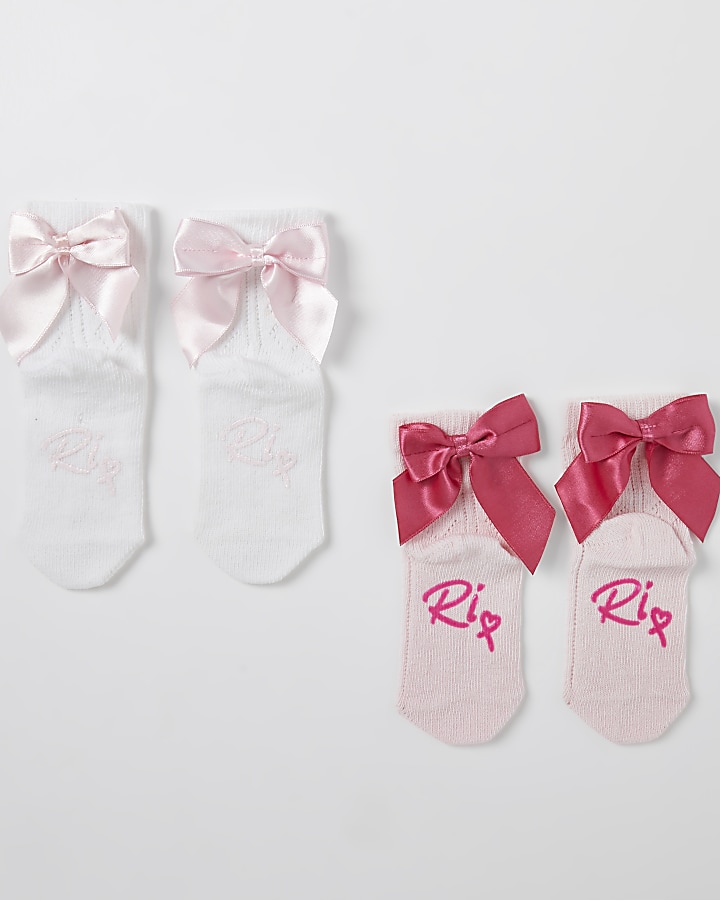 Mini girls pink textured bow socks 2 pack