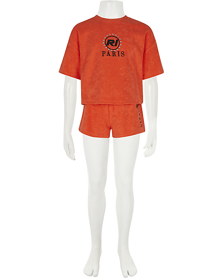 Girls red towelling t-shirt and shorts outfit