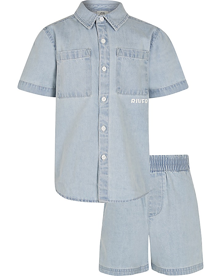 Boys blue denim shacket and shorts outfit