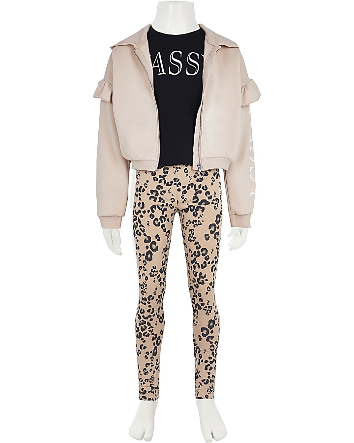 Girls beige 'sassy' 3 piece hoodie outfit