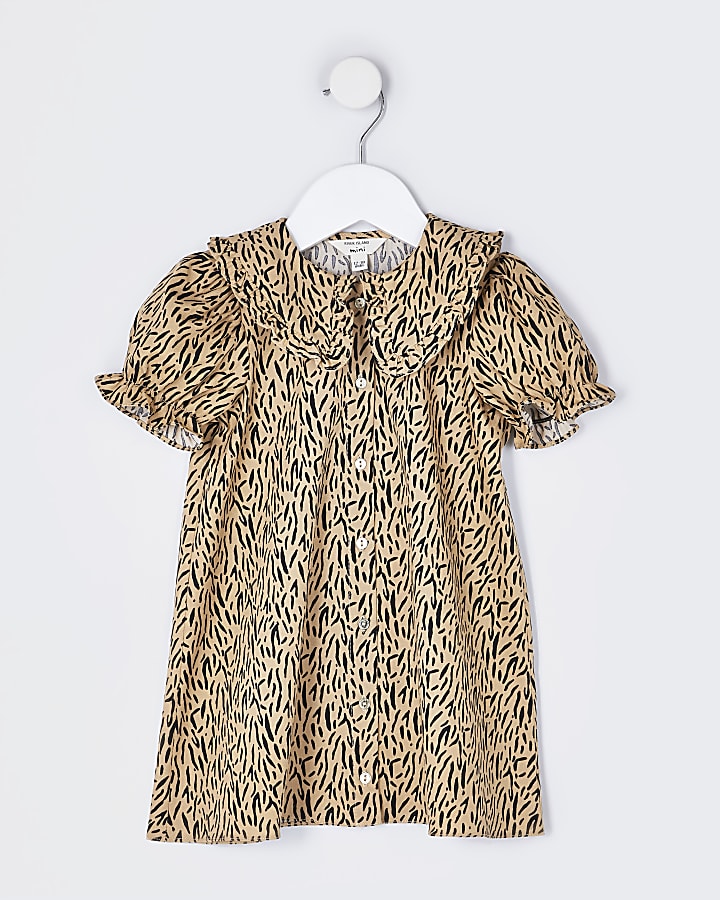 Mini girls beige leopard print trapeze dress