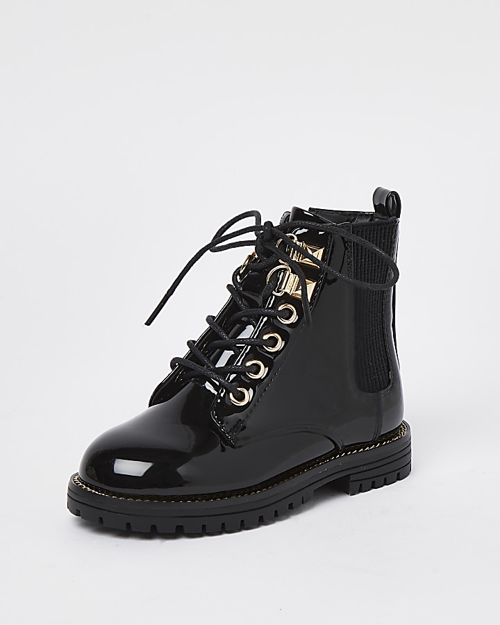 Mini girls black patent lace up boots | River Island