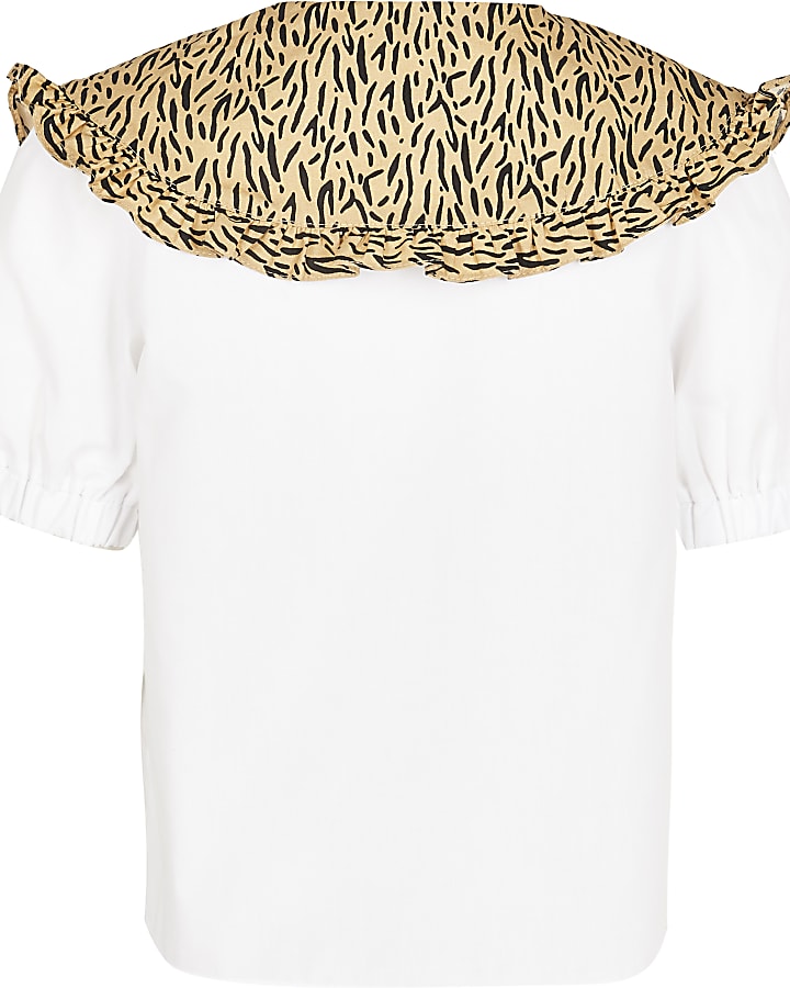 Girls white leopard print collar shirt
