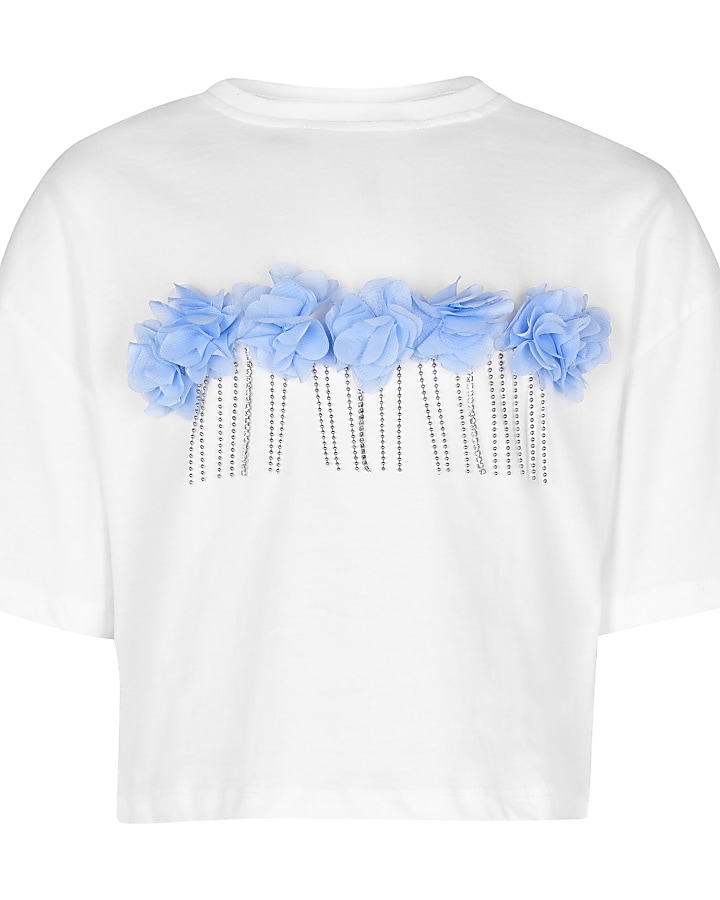 Girls white 3D flower stud t-shirt