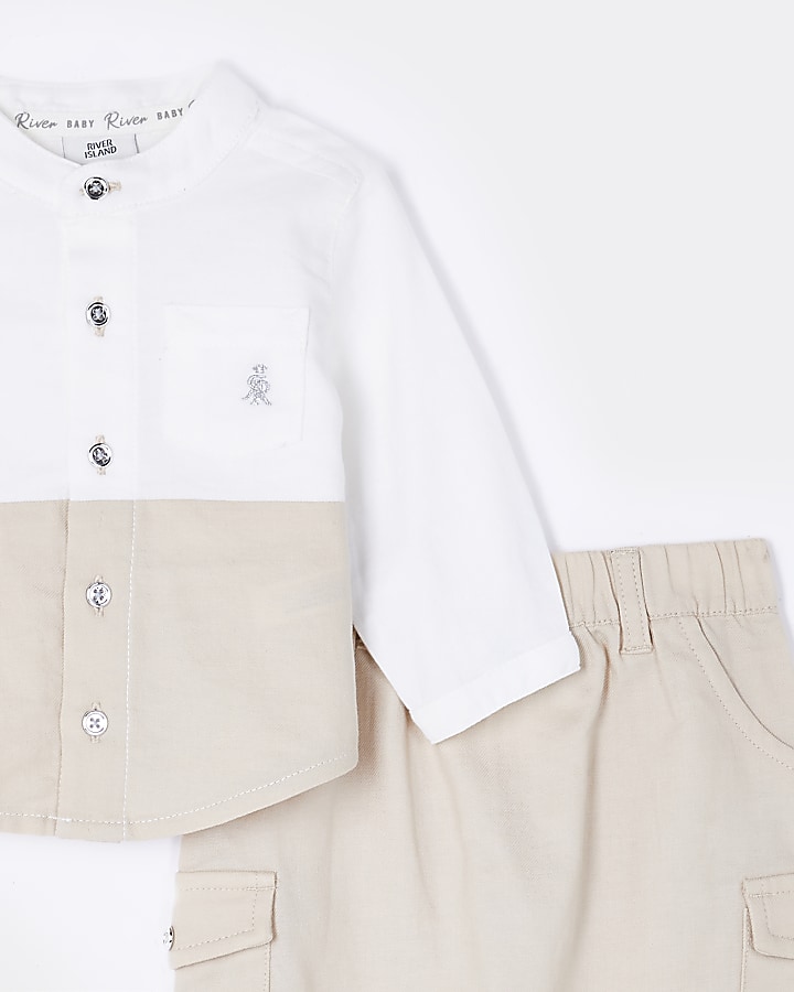 Baby beige colour block shirt and jogger set