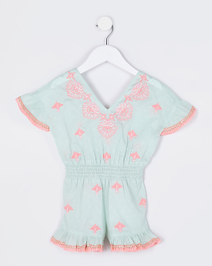 Mini girls green embroidered beach playsuit