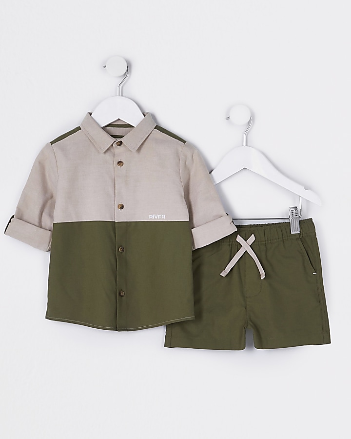 Mini boys khaki shirt and shorts outfit