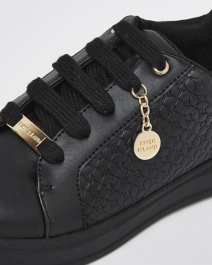Girls black RI embossed lace up trainers