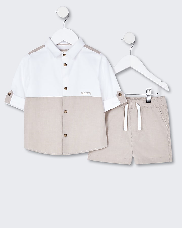 Mini boys beige shirt and shorts outfit