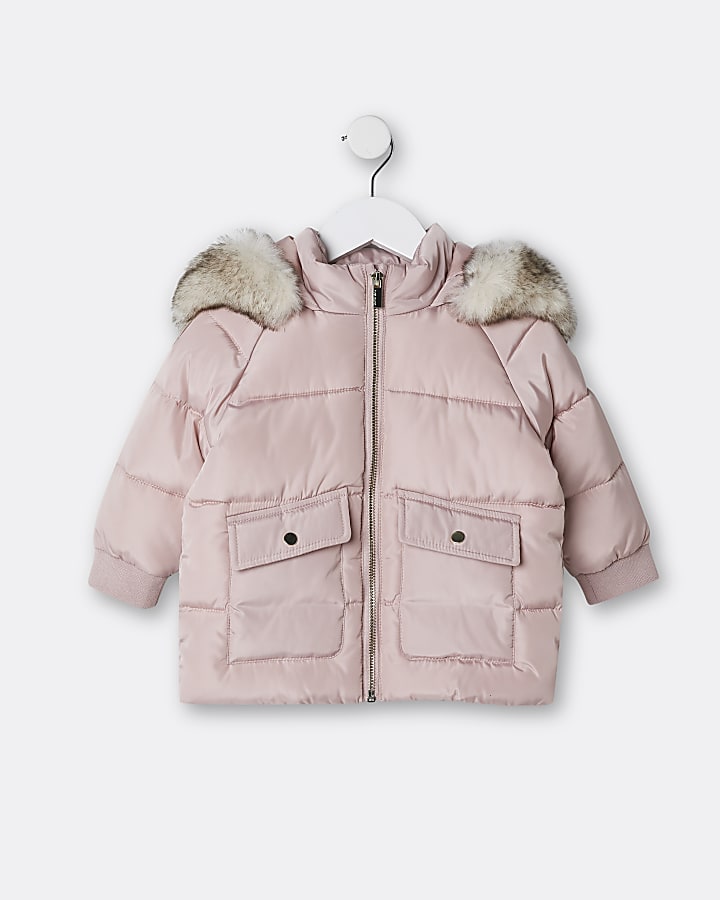 Mini girls pink faux fur hood puffer coat