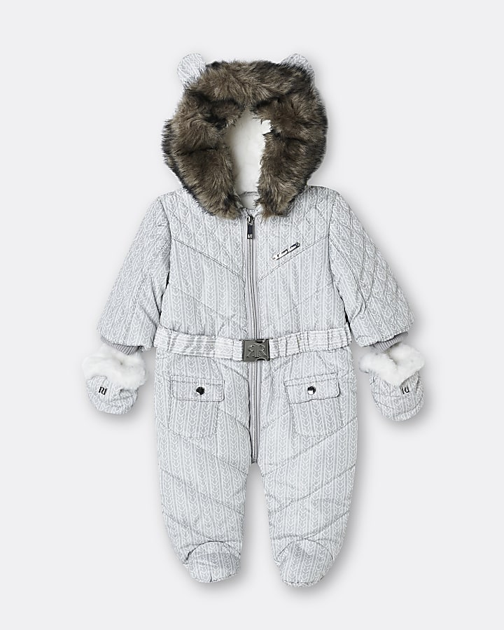 Baby grey RI monogram hooded quilted snowsuit