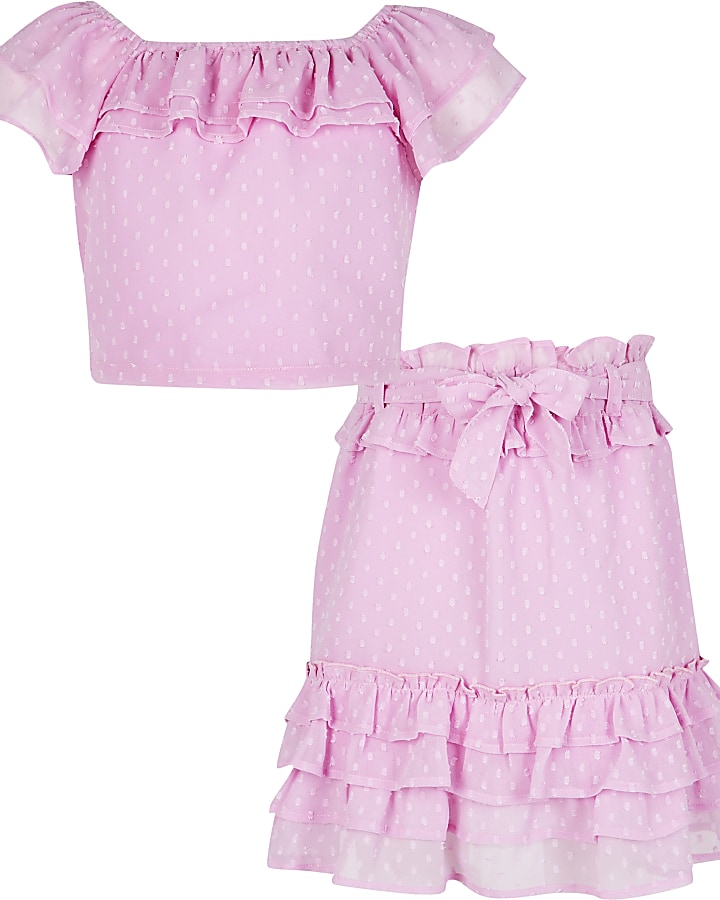 Girls purple ruffle top and skirt outfit