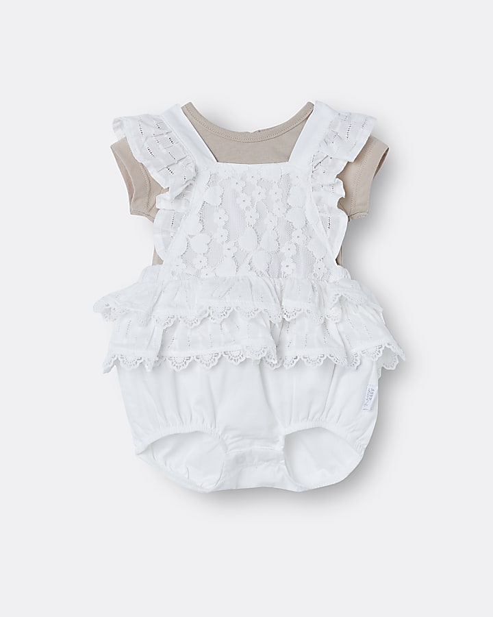Baby girls cream lace frill romper outfit