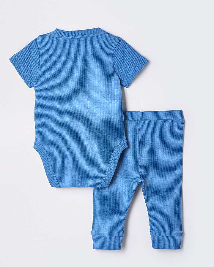 Baby blue waffle 'Love' Baby grow outfit