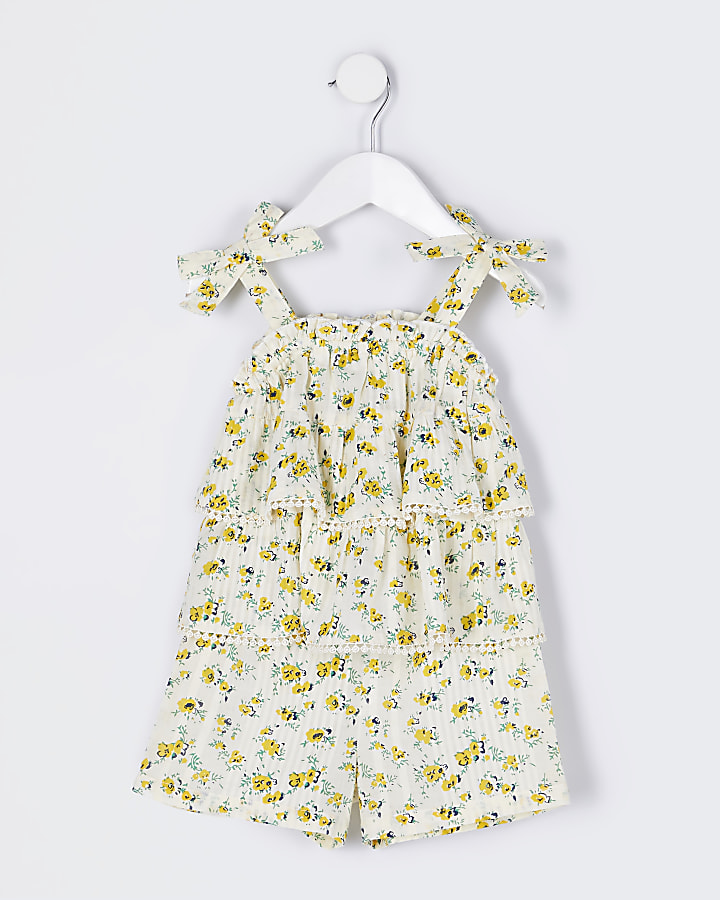Mini girl yellow floral lace frill playsuit