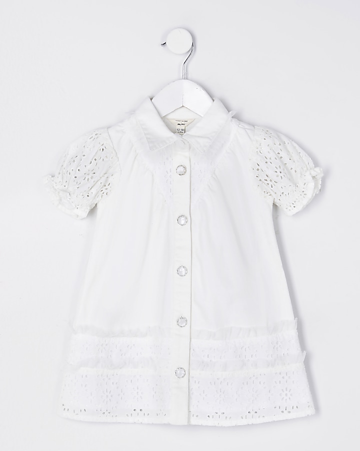 Mini girls white broderie shirt dress