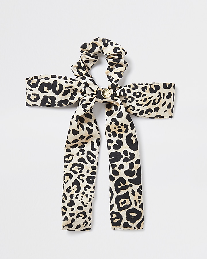 Girls brown leopard print bow scrunchie
