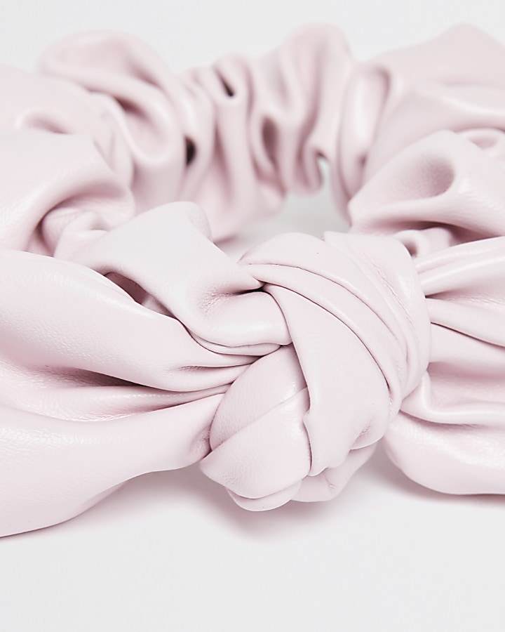 Girls pink faux leather bow scrunchie