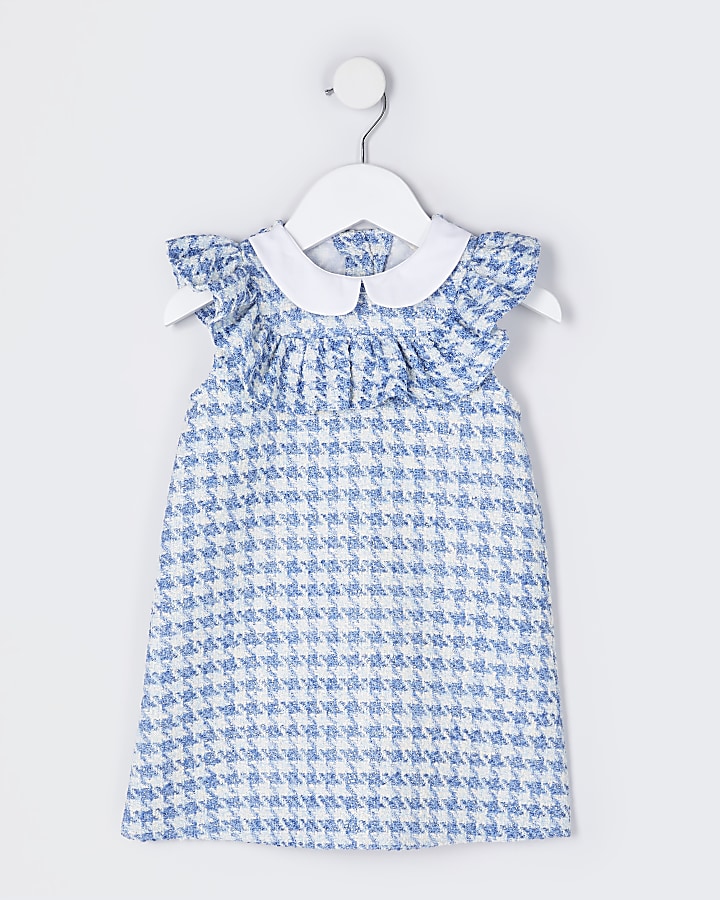Mini girls blue boucle collar smock dress