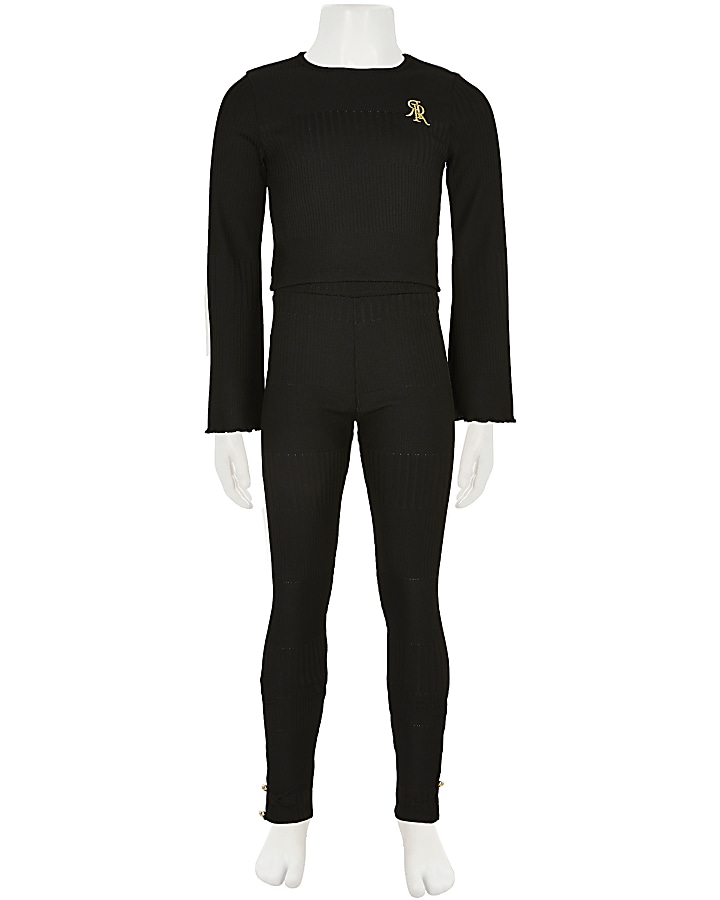 Girls black luxe rib lounge outfit