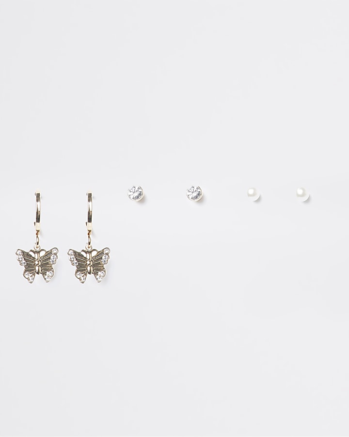 Gold butterfly hoop and diamante studs 3 pack