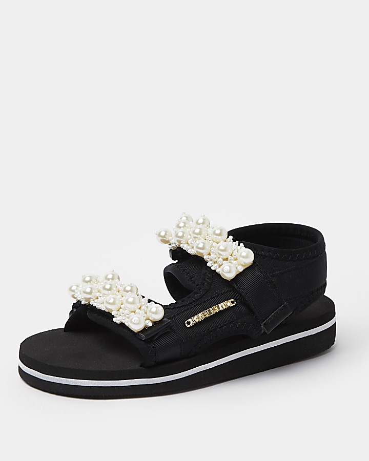 Girls black pearl embellished sandals