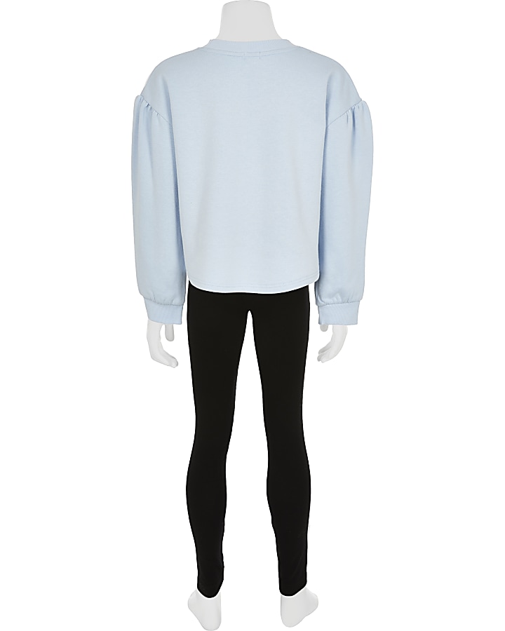 Girls blue face print sweatshirt legging set