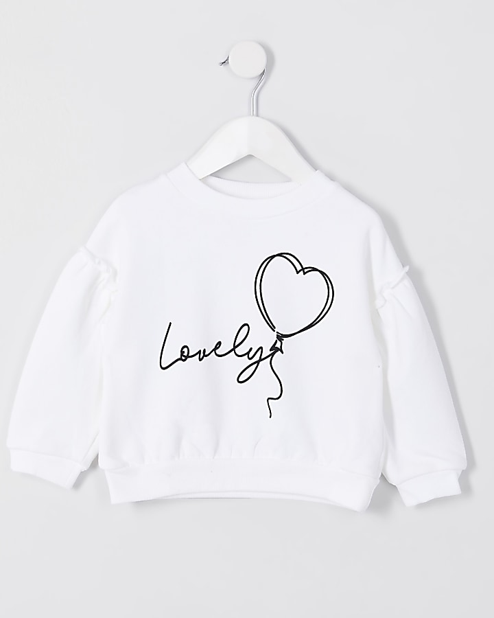 Mini girls white 'lovely' print sweatshirt