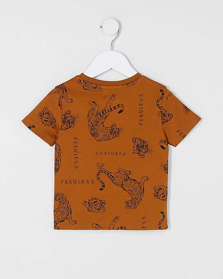 Mini boys brown animal print t-shirt