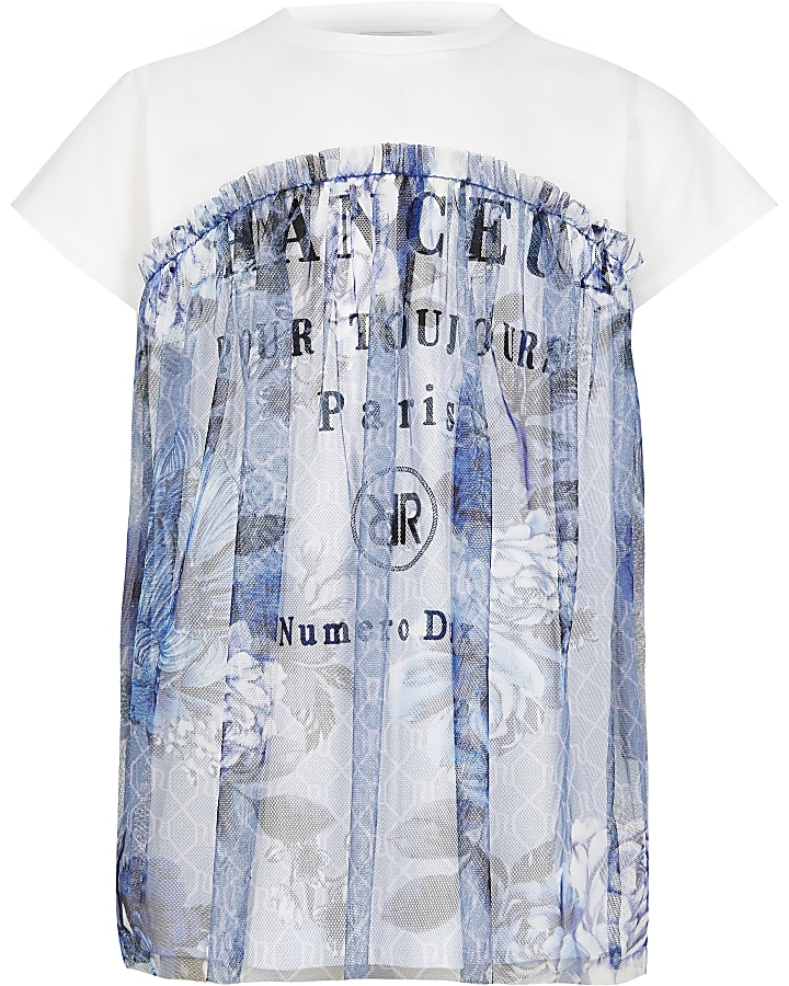 Girls blue floral mesh overlay t-shirt
