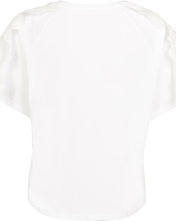 Girls white pleated frill ruffle t-shirt
