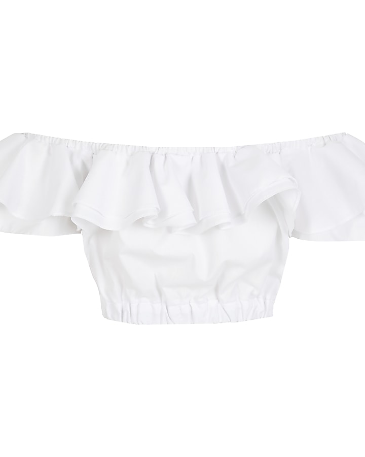 Girls white ruched frill crop top