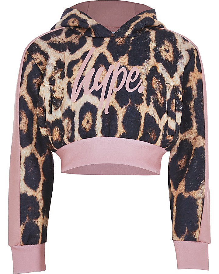 Girls Hype pink leopard print cropped hoodie
