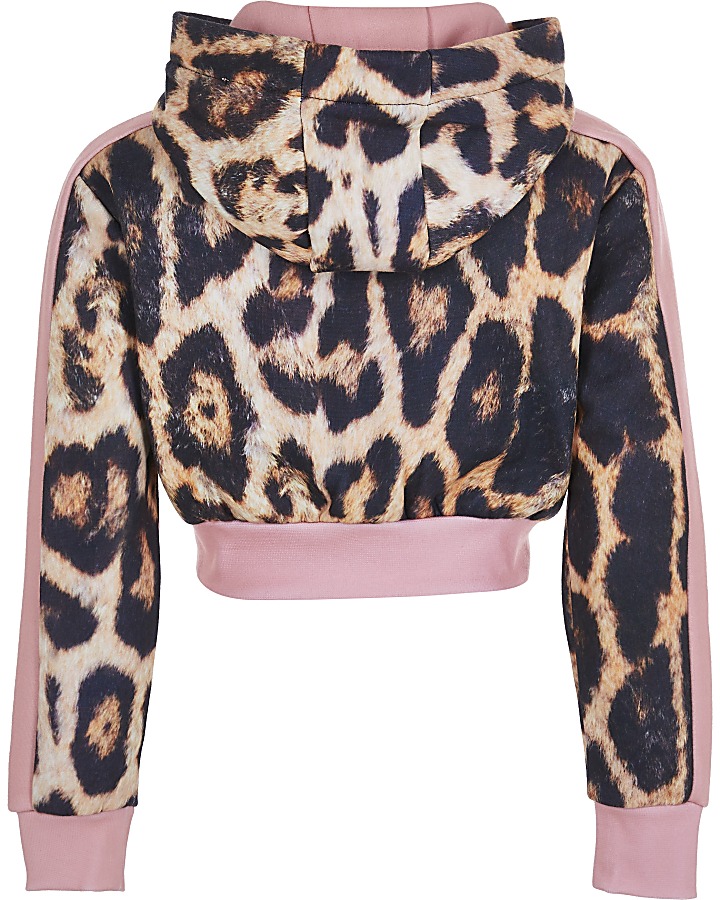 Girls Hype pink leopard print cropped hoodie
