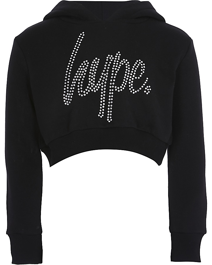 Girls Hype black diamante crop hoodie