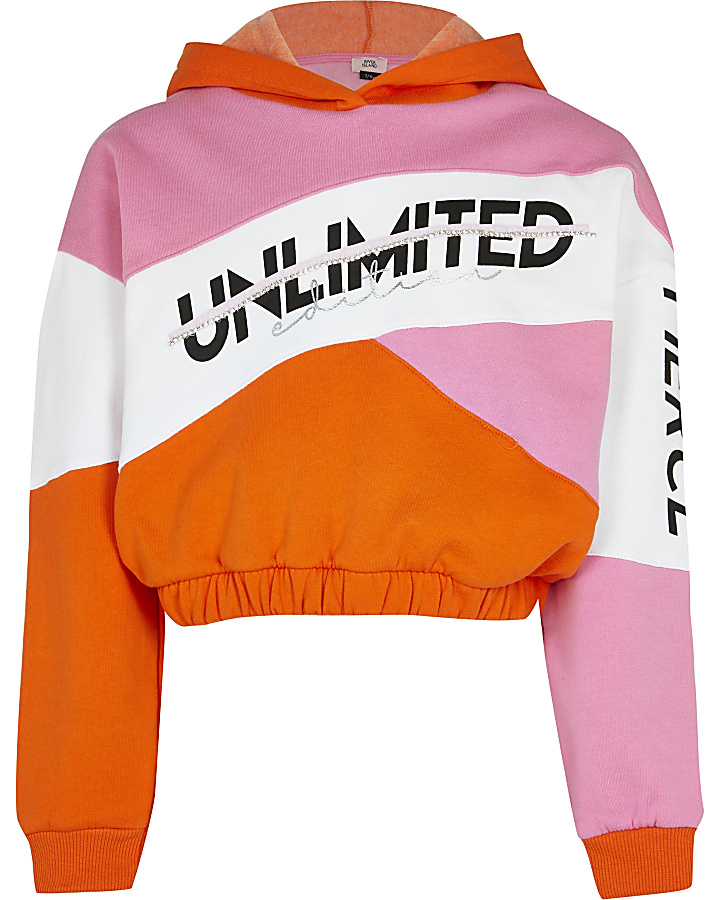 Girls pink  colour block hooded sweatshirt