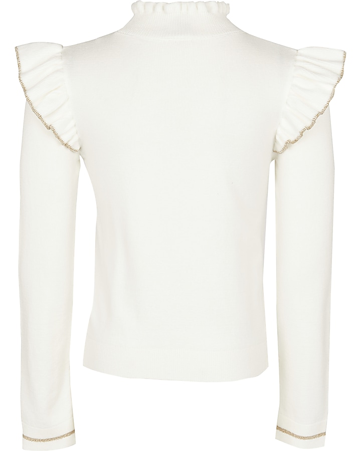 Girls ecru 'style icon' frill knitted top