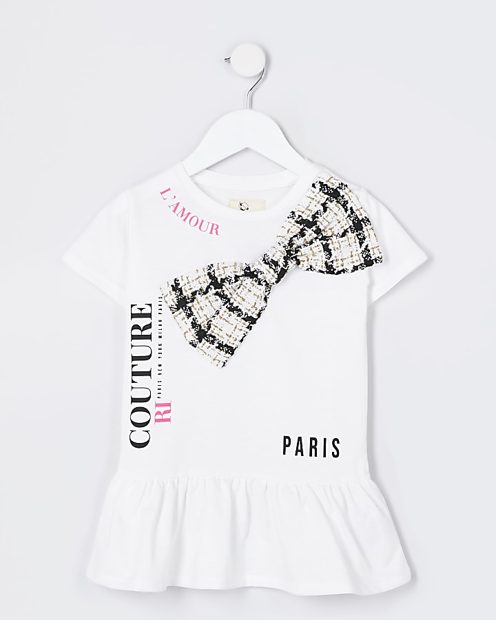 Mini girls cream boucle bow t-shirt dress