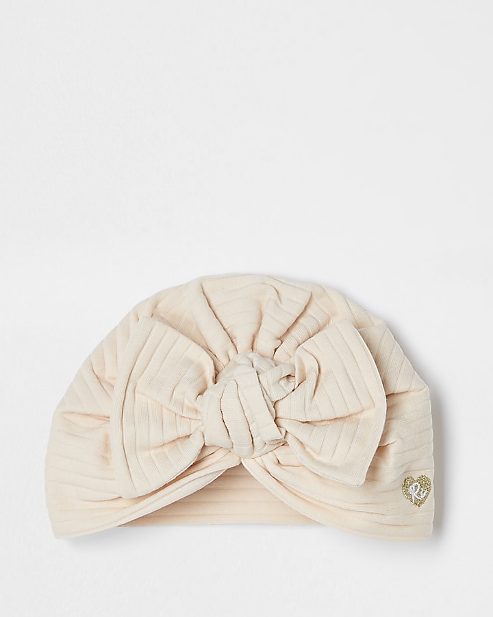 Baby beige ribbed bow turban