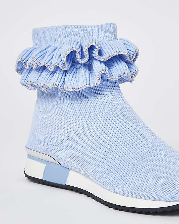 Girls blue ruffle knit sock hi top trainers