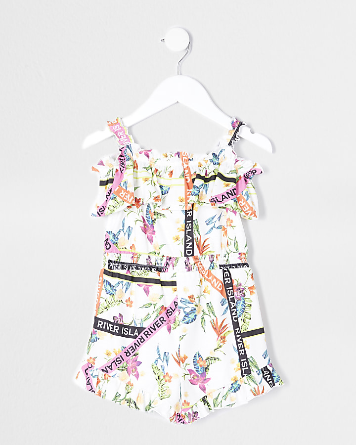 Mini girls white floral frill playsuit