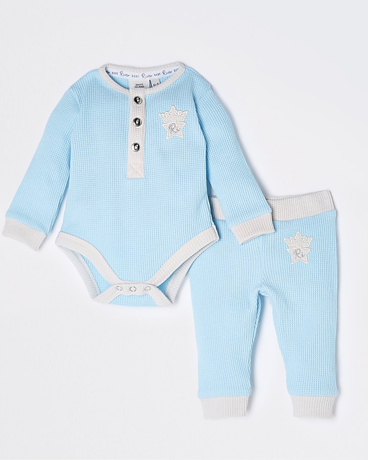 Baby blue waffle baby grow outfit