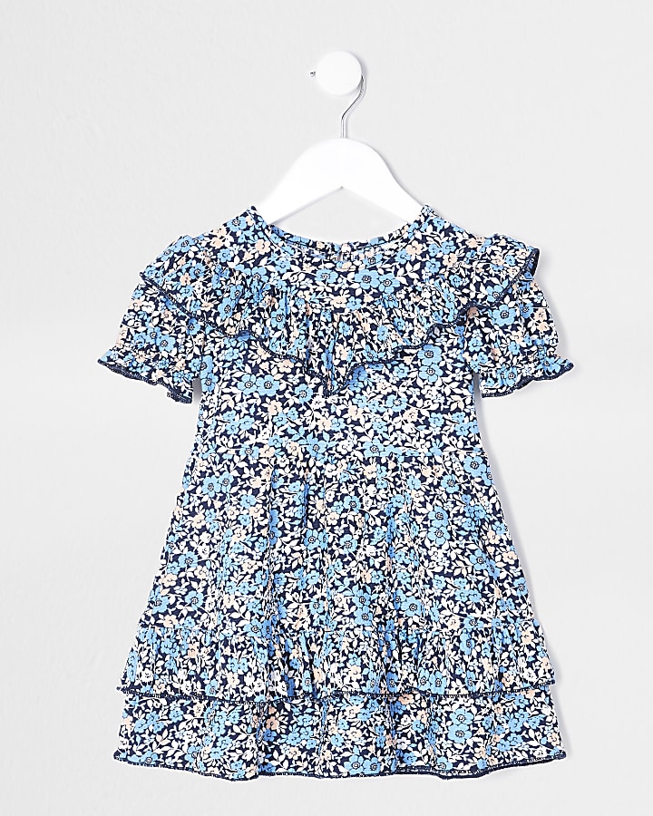Mini girls blue floral print frill dress