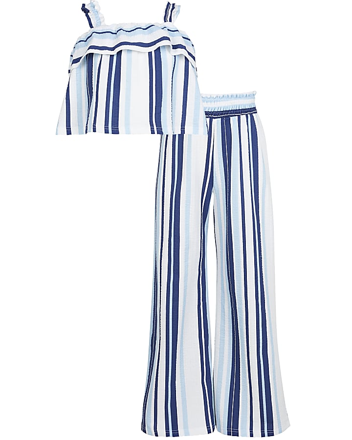 Girls blue striped frill cami top