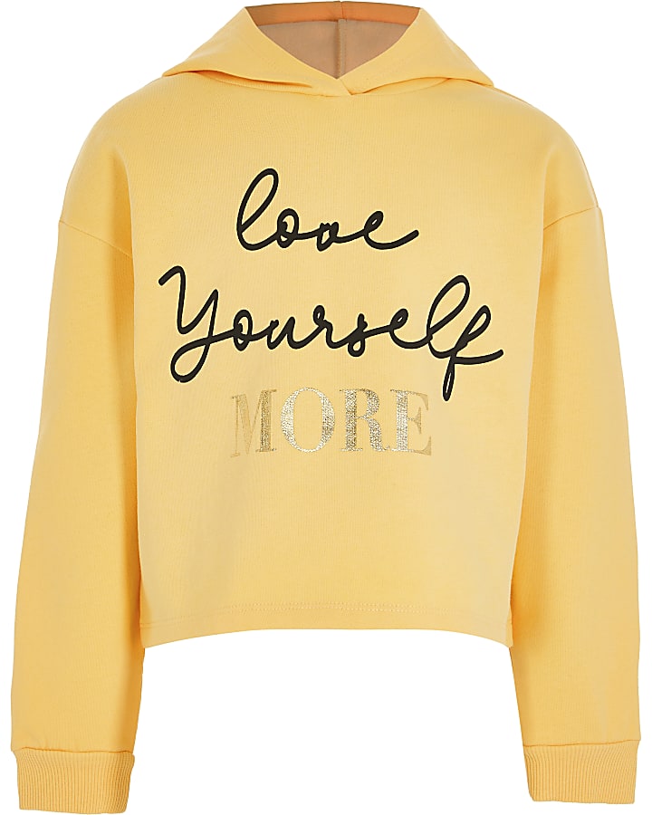 Girls yellow 'Love Yourself' logo hoodie